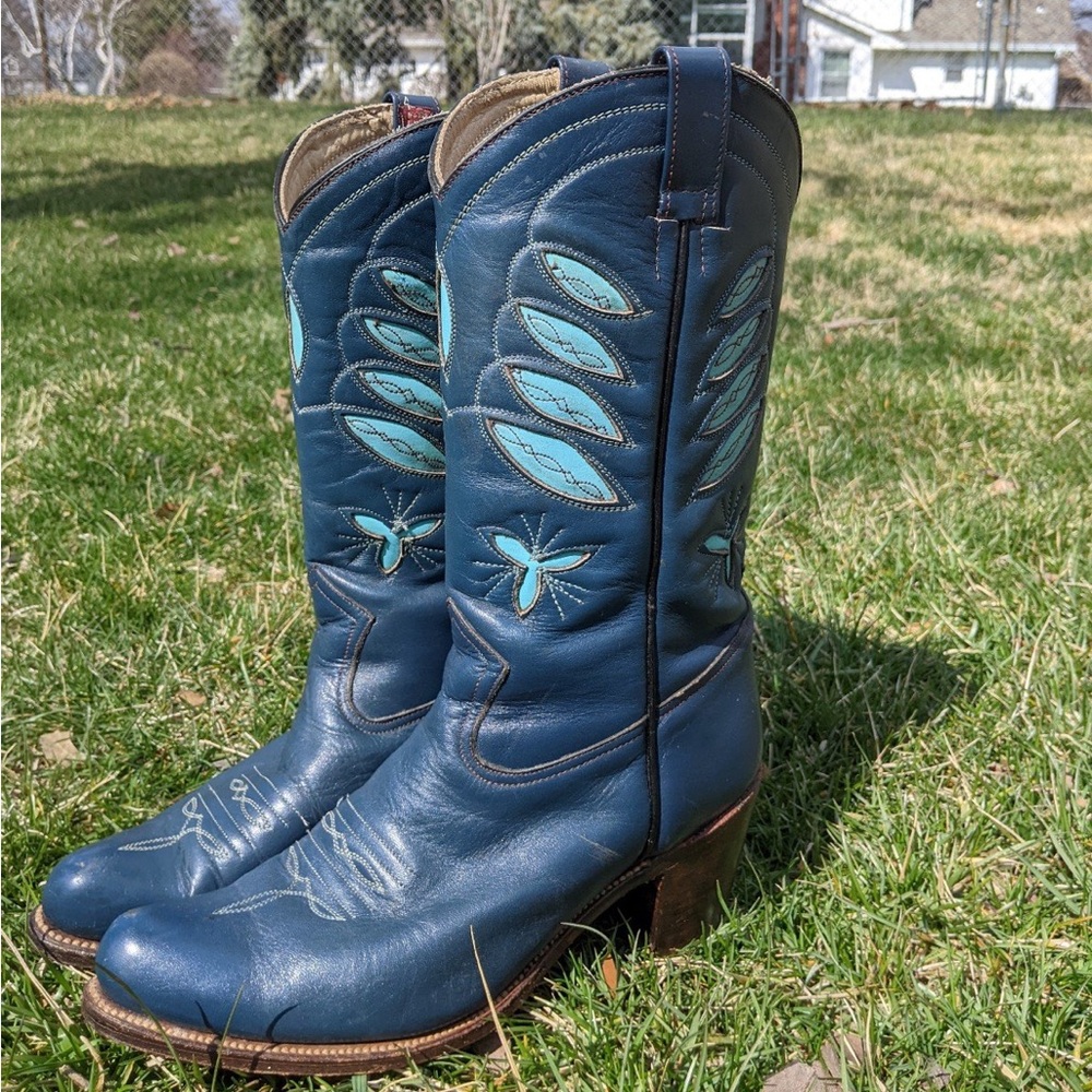 Vintage Blue Cowboy Boots inlay sassion leather blue 7.5 8 acme Larry mahan
